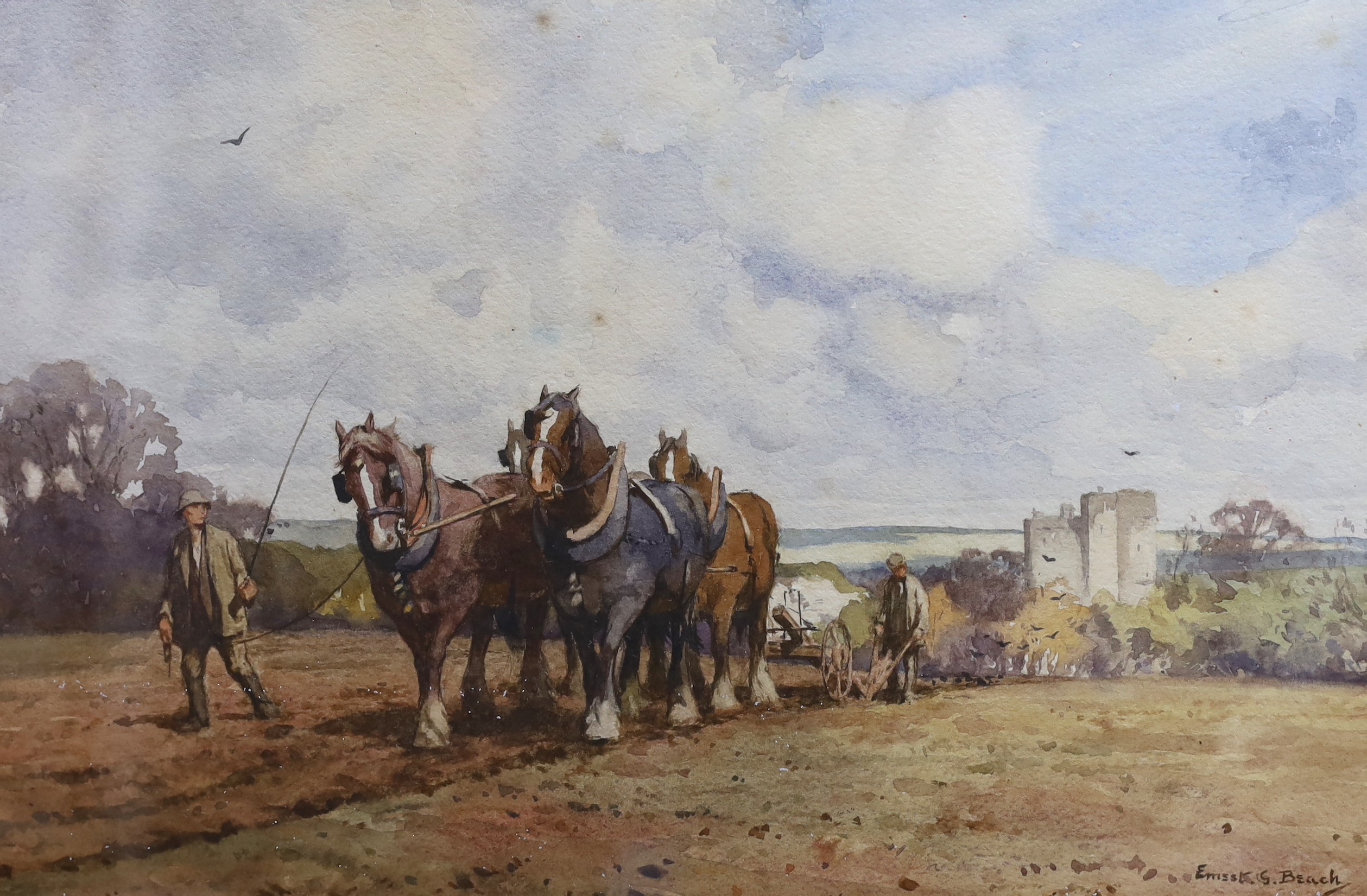 Ernest George Beach (1865-1943), watercolour, Saltwood Castle, signed, 23 x 35cm, and a sketch of plough horses, 18 x 26cm